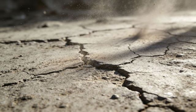 Parched soil splitting along deep fissure with rising dust and closeup cracked texture