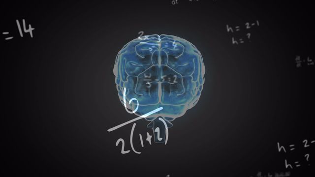 An animated sequence depicting a human brain rotating amidst various mathematical formulas on a black background. This video conceptually portrays the intersection of science, technology, and education. Ideal for use in educational materials, scientific research promotions, technology blogs, neuroscience research presentations, or any content related to human intelligence and computational sciences.