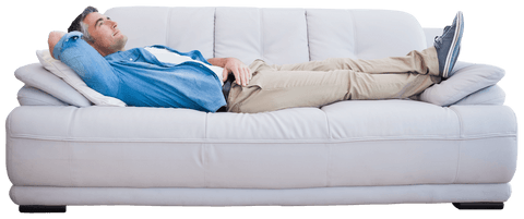 Relaxed man resting on white sofa, transparent background