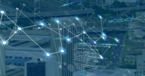 Depicts digital lines and glowing nodes representing connectivity and communication against a cityscape, symbolizing technological advancement and globalization of business. Useful for conveying themes of networking, data-driven societies, or cutting-edge tech innovations in presentations or advertisements related to smart cities and global enterprises.
