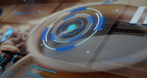 Holographic circular hud projecting over coffee cup with coffee beans and blurred device