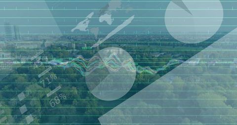 Data visualization overlay on urban forest and skyline