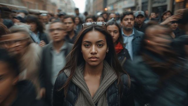 Young woman walking through crowded city street, holding steady amid motion-blurred crowd
