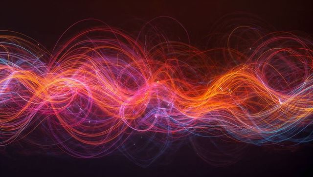 Flowing neon energy ribbons weaving across dark void with sparkling cosmic particles