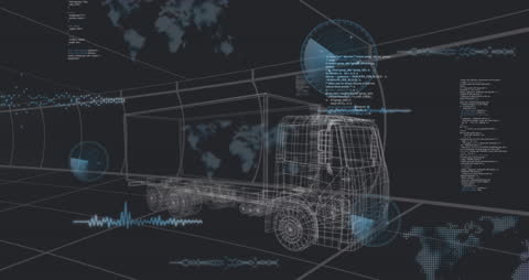 Futuristic 3D Truck Model with Holographic Data Interfaces