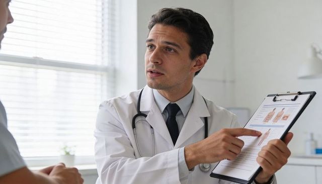 Doctor explaining anatomy diagrams to patient using clipboard in sunlit clinic
