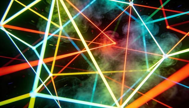 Forming neon beam network with glowing nodes, fog and sparks for futuristic tech visuals