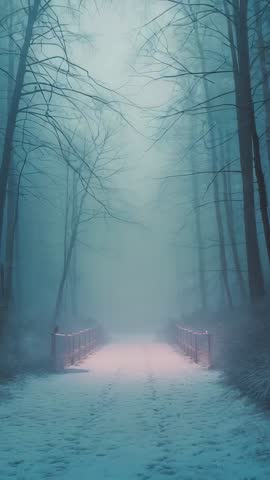 Gliding vertical footage along snowy forest path toward misty footbridge, foggy winter trail