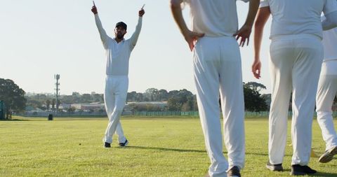 Multiethnic Cricket Team Celebrating on Sunny Field Pointing Upward Showing Teamwork