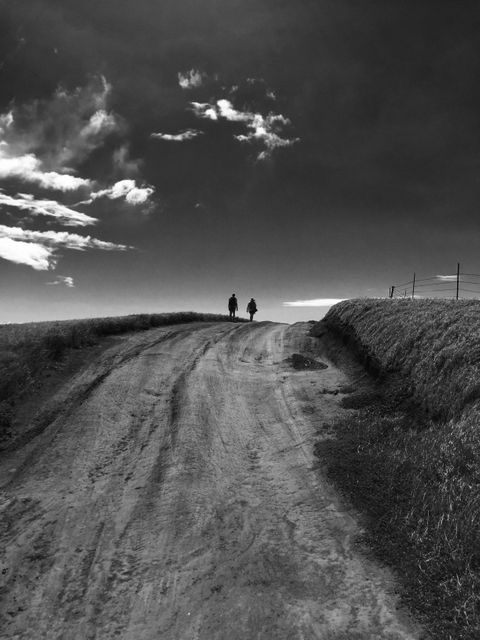 Two individuals walking on a rural path enveloped in the striking contrast of black and white photography. This image is ideal for themes related to adventure, solitude, journey, nature, and introspection. Suitable for travel blogs, inspirational quotes, environmental awareness, and artistic projects.