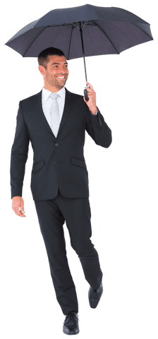 Transparent Businessman Smiling Under Black Umbrella