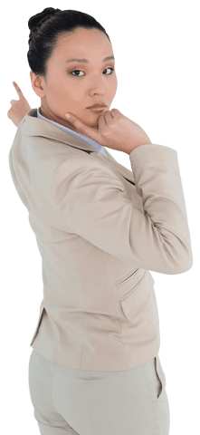 Asian businesswoman pointing intently on transparent background