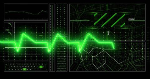 Pulsing Neon Green Trace Crossing Futuristic HUD Over City Grid