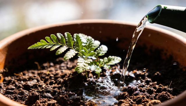 Watering small fern seedling in terracotta pot on sunny windowsill with water droplets