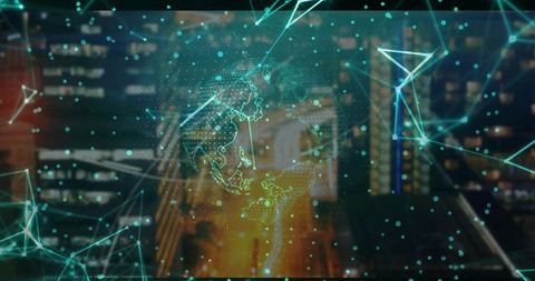 Futuristic global network overlaying urban nightscape