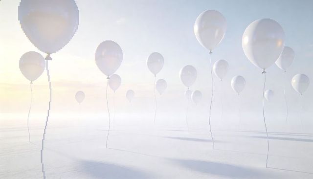 Ethereal white balloons drifting over minimal salt flat sunrise pastel high-key soft light