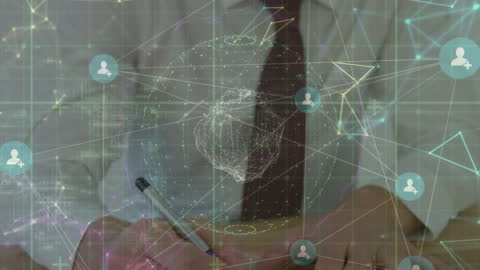 Businessman Signing Document with Digital Network Overlay