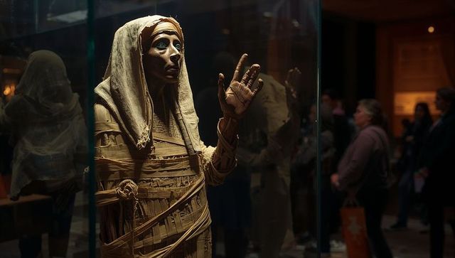 Displaying mummified egyptian figure behind glass with dramatic lighting and reflections