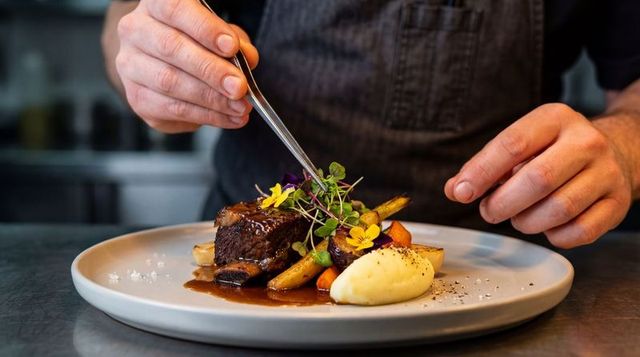 Chef plating gourmet braised beef rib with microgreens, creamy mashed potato, roasted carrots
