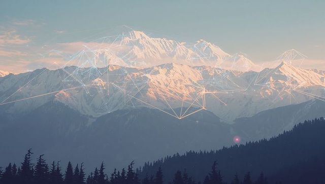 Dawn Snow Peaks with Digital Wireframe Network Overlay, Alpine Ridge and Pine Silhouette