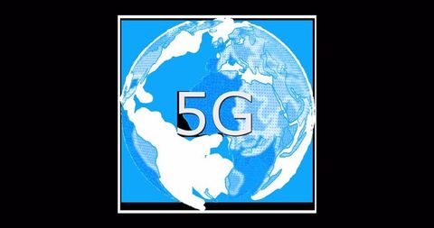 5g technology symbol with rotating blue globe on black