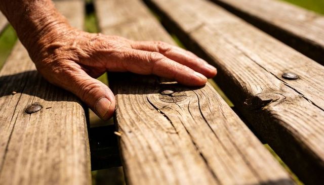 Resting senior hand touching weathered wooden bench planks with visible wrinkles