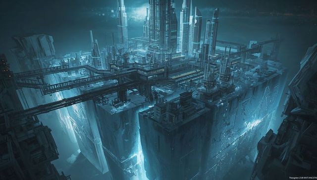 Towering neon megastructure looming over misty chasm with futuristic skybridges and vertical spires