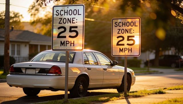 School zone signs reflecting golden sunset light with parked white sedan on suburban street