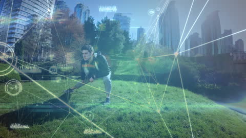 Digital Connectivity in Fitness: Man Stretching in Urban Park