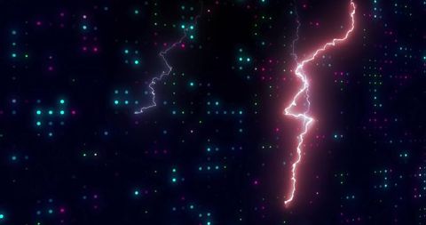 Neon lightning cutting through digital data field