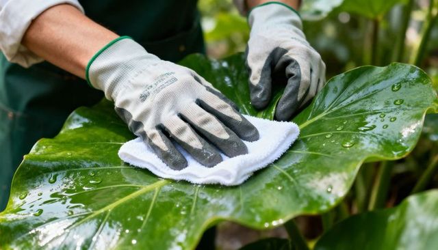 Greenhouse gardener wiping glossy tropical leaf with cloth and gloves for plant care tips