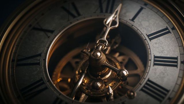 Revealing antique clock escapement with brass gears and roman numeral dial in close-up