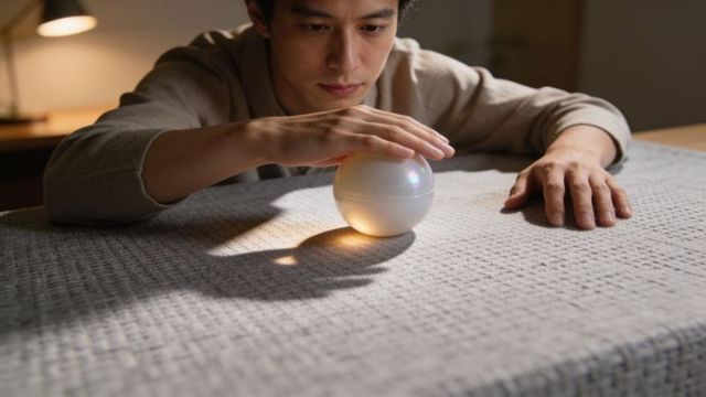 Adult man focusing on glowing orb while hovering hand over lighted sphere on table