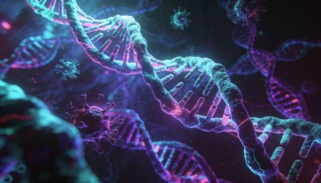 Glowing neon dna helix surrounding viral particles, futuristic genetic research concept