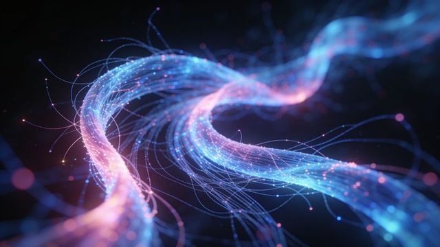Twisting neon fiber-optic ribbons flowing through dark void with glowing particle trails