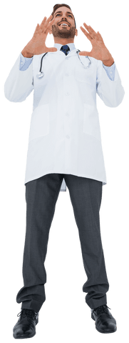 Transparent male doctor with hands gesturing widely