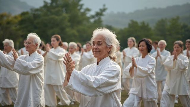 Senior group practicing tai chi in white robes on grassy park for wellness and mindfulness