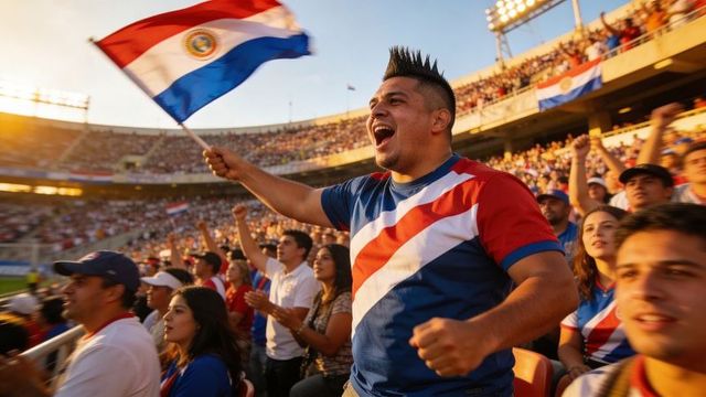 Passionate paraguayan fans cheering and waving flag in sunset stadium crowd celebration