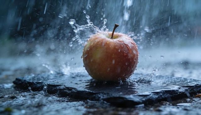 Rain-splashing apple on dark wet stone producing fresh droplets and dramatic splash motion