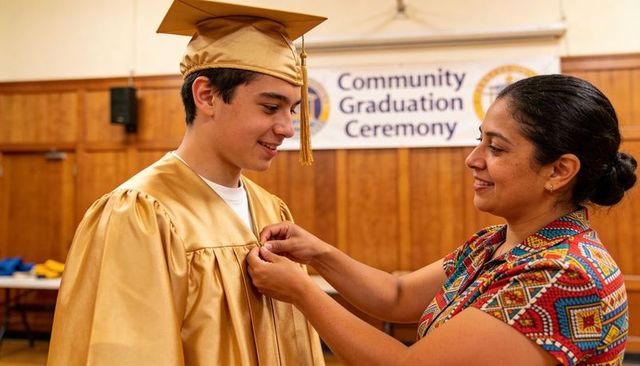 Mother pinning gold graduation gown on smiling teen at community graduation ceremony