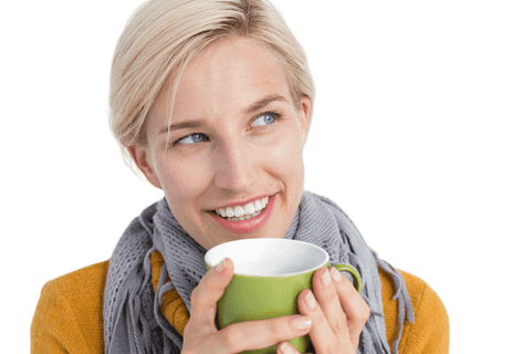 Smiling Woman Enjoying Hot Beverage with Green Cup on Transparent Background