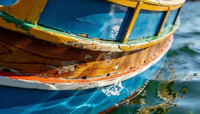 Weathered wooden boat hull with peeling paint and sunlit water reflections