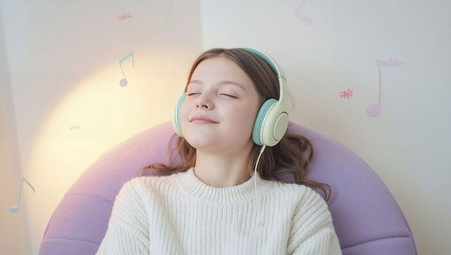 Preteen girl listening to music on mint wired headphones relaxing on lavender chair