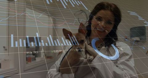 Veterinarian Analyzing Pet Health Data with Digital Charts Overlay