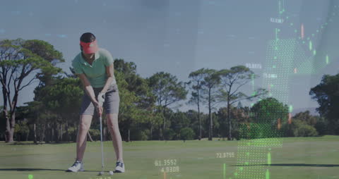 Female Golfer on Course with Rising Digital Stock Market Visualization