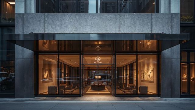 Welcoming glass entrance framing warm gallery interior at dusk with stone facade and canopy