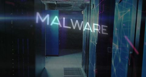 Holographic malware warning projecting over data center aisle, server racks, network glow