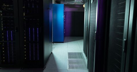 Empty Corridor in Data Center with Purple and Blue Server Lights - Download Free Stock Images Pikwizard.com