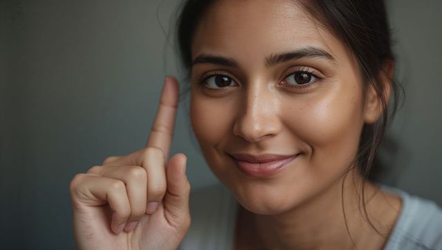 Indian woman pointing upward with right index finger, smiling closeup portrait with calm expression