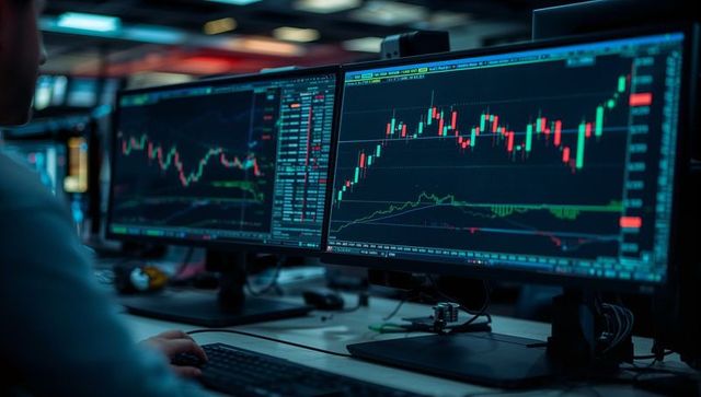 Stock trader analyzing financial charts on dual monitors